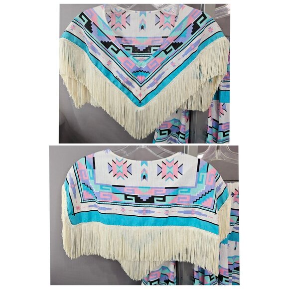 Vintage Cape Handkerchief Skirt Large Turquoise South Western Short Crop Fringe - Picture 6 of 11